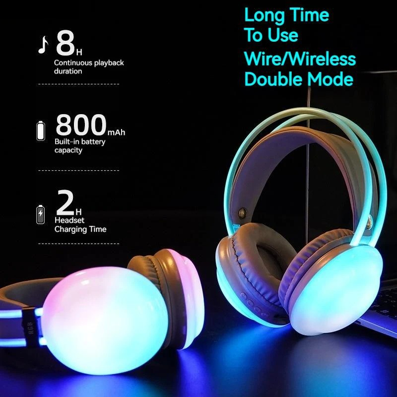 Gaming Headset With Mic Rgb - Headphone Bluetooth Nirkabel Gamer Lampu Warna-warni