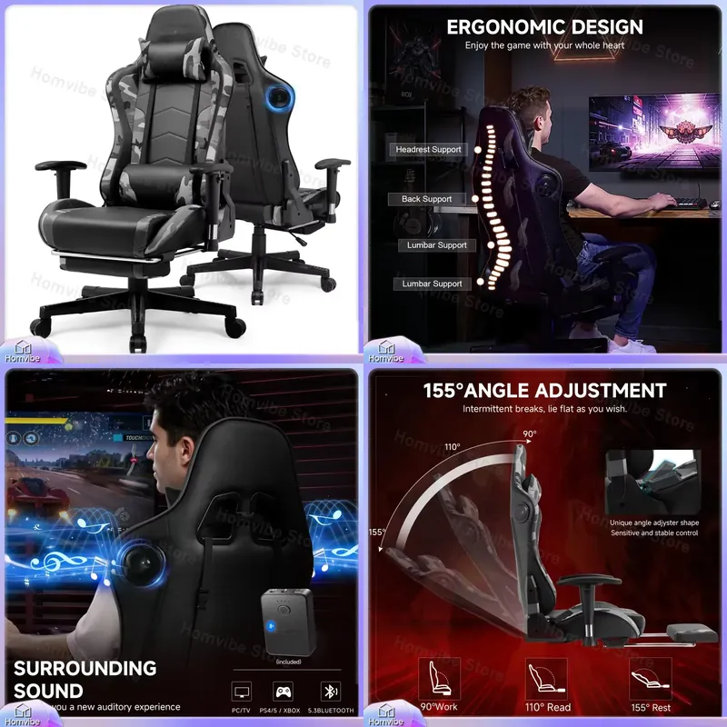 Speakers - Kursi Gaming Ergonomis dengan Speaker Bluetooth,