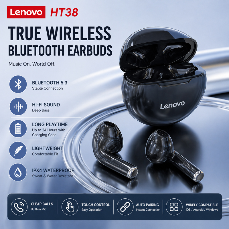 Headphone Nirkabel Lenovo HT38 - Tws Earbuds Bluetooth 5.3 ulasan dan harga