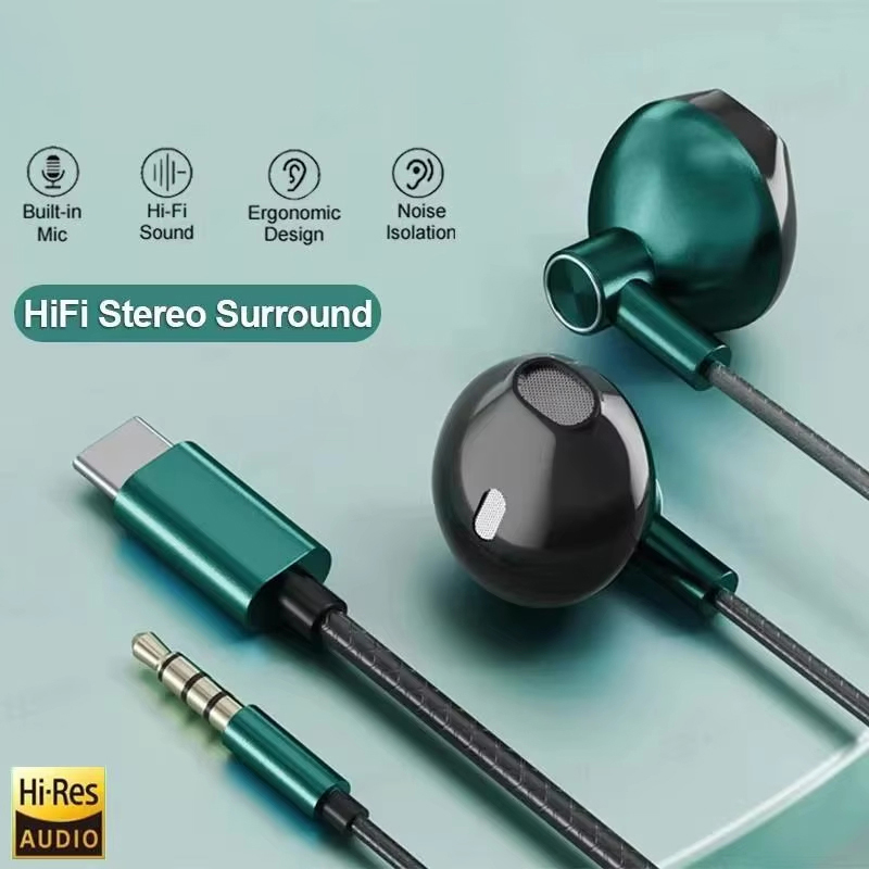 Earphone Wired Stereo HIFI Tip - Type C Wired Earphones With Mic ulasan dan harga
