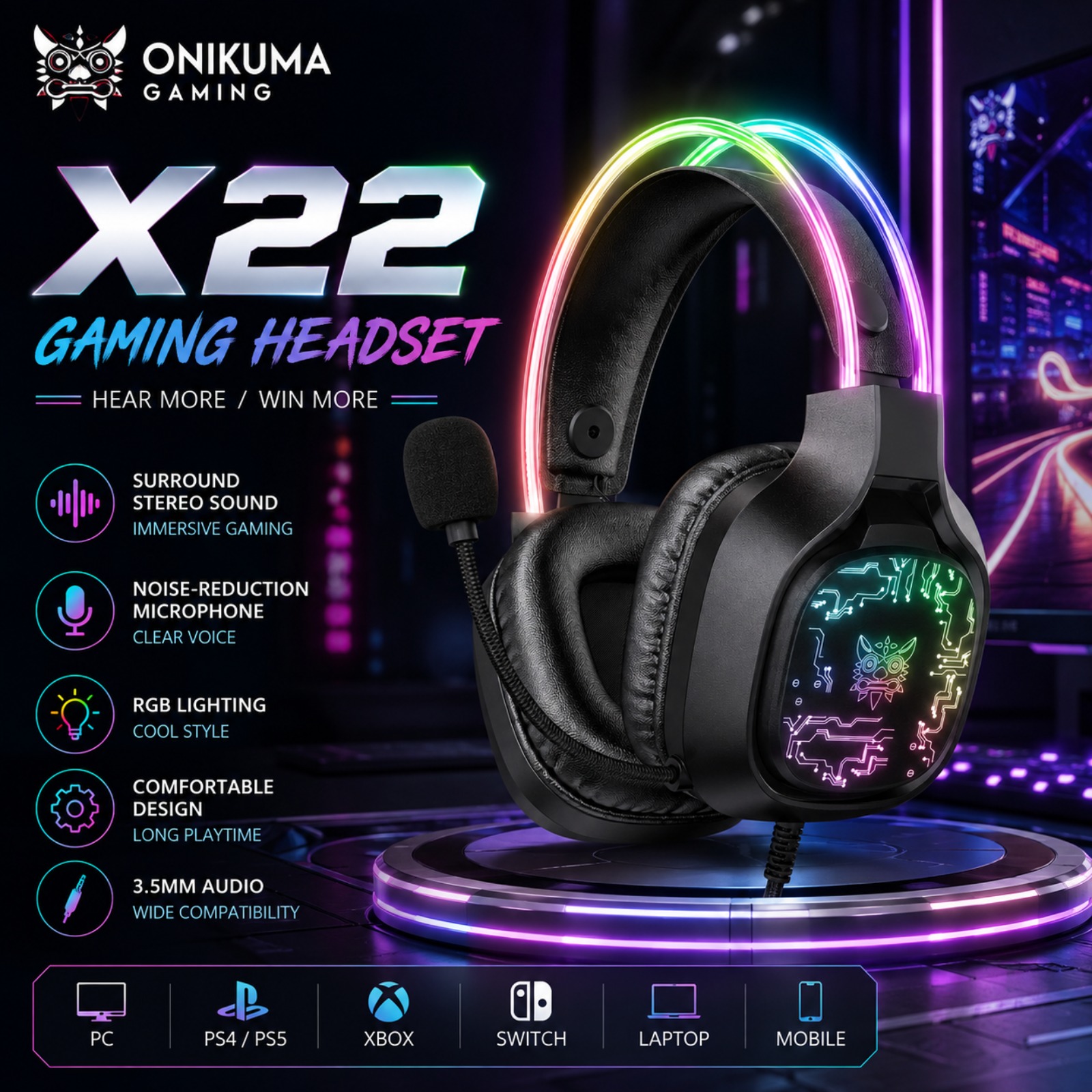 ONIKUMA X22 Headset Gaming Ber - Gaming Headset With Mic Rgb ulasan dan harga
